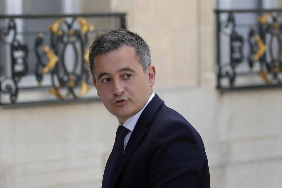 Newly appointed Interior Minister Gerald Darmanin arrives at the Elysee Palace for the weekly cabinet meeting, in Paris, France, Tuesday July 7, 2020. Darmanin has been appointed as the new Interior Minister after the government of Edouard Philippe had resigned on July 3, 2020, prompting a government and cabinet reshuffle. (AP Photo/Francois Mori)