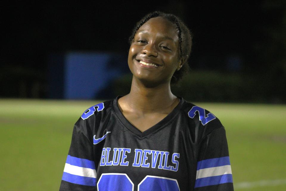 Stanton's Courtney Brown is pictured after an FHSAA Class 1A high school flag football playoff against Menendez on April 17.