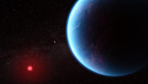 <span class="caption">The exoplanet K2-18b might host a water ocean.</span> <span class="attribution"><a class="link " href="https://www.nasa.gov/goddard/2023/webb-discovers-methane-carbon-dioxide-in-atmosphere-of-k2-18b" rel="nofollow noopener" target="_blank" data-ylk="slk:Credits: Illustration: NASA, CSA, ESA, J. Olmsted (STScI), Science: N. Madhusudhan (Cambridge University);elm:context_link;itc:0;sec:content-canvas">Credits: Illustration: NASA, CSA, ESA, J. Olmsted (STScI), Science: N. Madhusudhan (Cambridge University)</a></span>