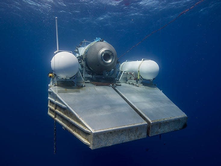 The Titan submersible on a platform awaiting a signal to commence the dive.