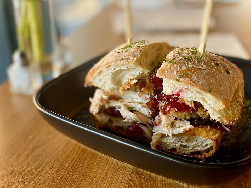 Turkey sandwich with homemade stuffing and hot pepper cranberry jam from Zugba Café in Daytona Beach Shores.