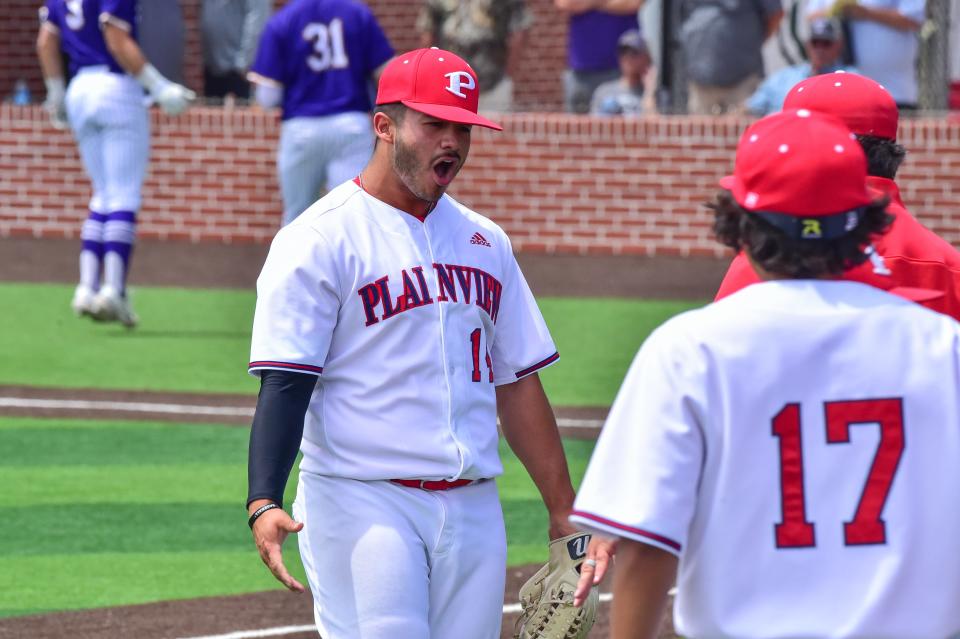 Plainview's Isaac Garza (14) pumps up the team as Plainview faces Abilene Wylie in the Class 5A bi-district baseball game, Friday, May 5, 2023, in Plainview.