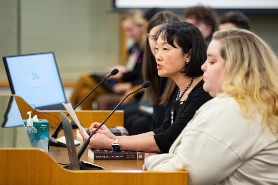Sandy Chung, executive director of the ACLU of Oregon, speaks in opposition to House Bill 4002 during the public hearing at the Oregon State Capitol on Monday, Feb. 27, 2024, in Salem, Ore.