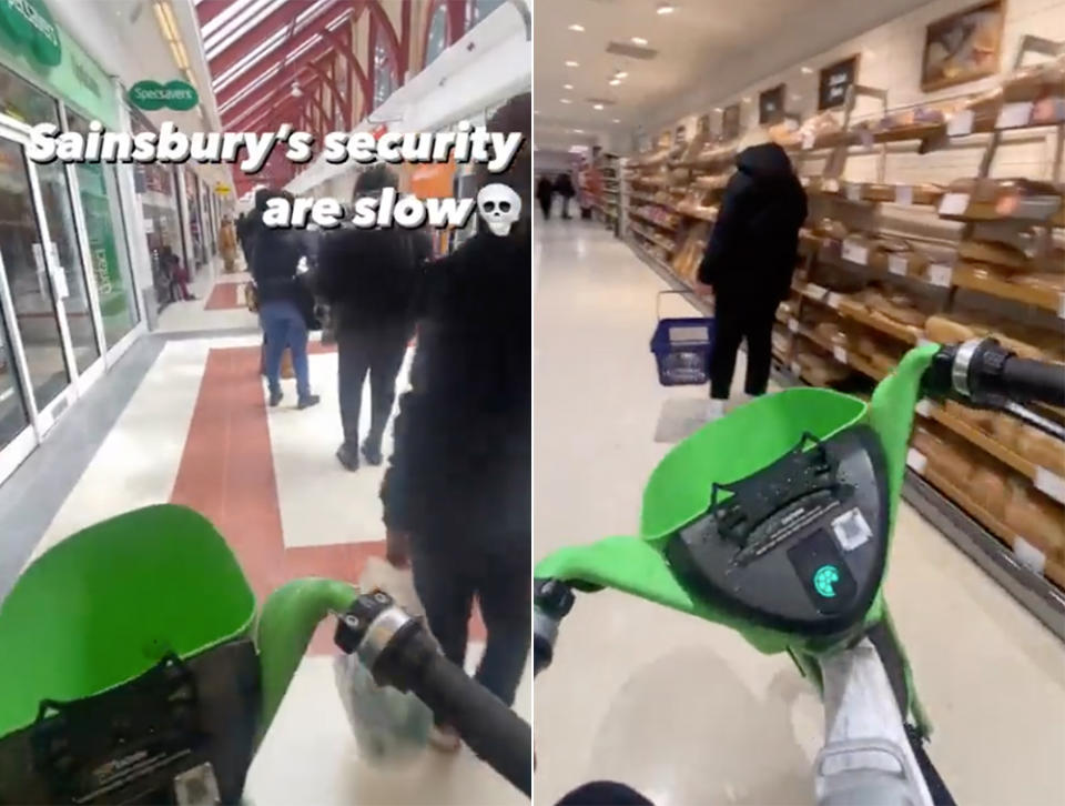 The 18-year-old TikTok 'prankster' also posted a video of him appearing to ride a LimeBike through Sainsbury's, with the caption, 'Sainsbury's security are slow'. (Twitter)