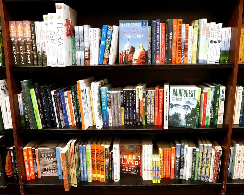 Climate change themed books are displayed together on shelves at a Barnes & Noble book store in Brooklyn, New York