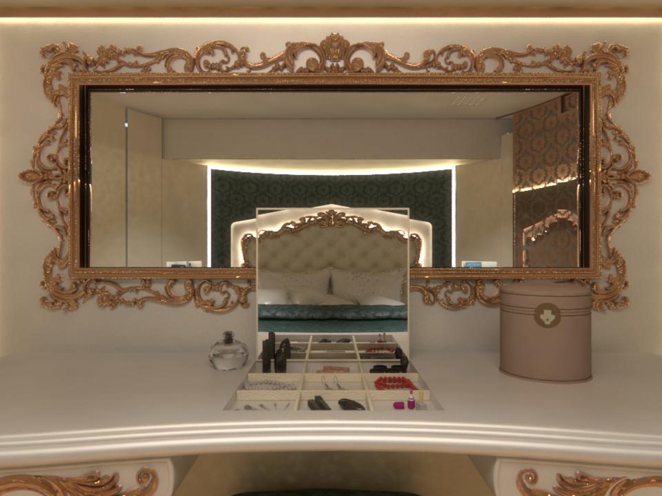 A rendering of the inside of one of Marchi Mobile's vehicles' vanity and bedroom