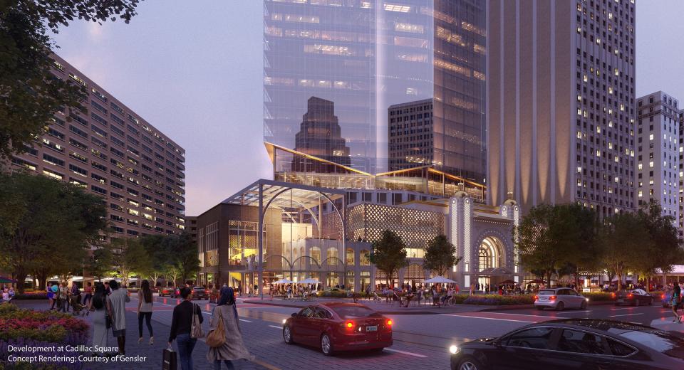 An artist rendering from Bedrock showing a proposed new version of the Monroe Blocks development, now called The Development at Cadillac Square.
