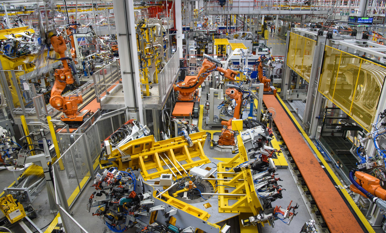 General view of Aluminium Body Shop 3, part of Jaguar Land Rover's Advanced Manufacturing Facility in Solihull, Birmingham. Picture date: Wednesday March 15th, 2017. Photo credit should read: Matt Crossick/ EMPICS. Aluminium Body Shop 3 is Europe's largest aluminium body shop, and is part of a �2bn investment in the Solihull plant over the last 5 years. 