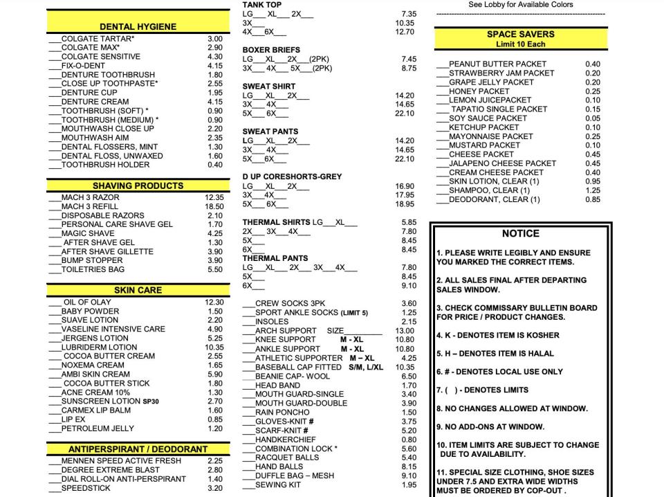 A screenshot of part of Victorville's commissary menu