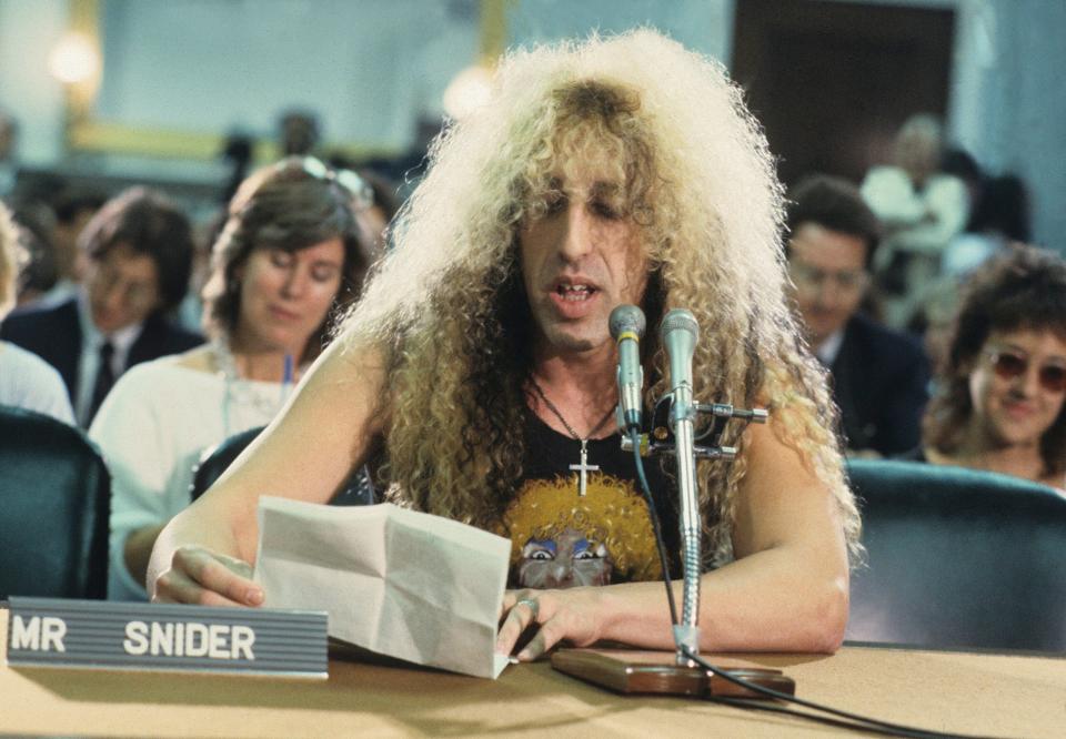 Dee Snyder addresses the so-called Senate Wives at the rock lyrics hearings on Capitol Hill. “Tipper, you ignorant slut…” (Photo by Mark Weiss/Getty Images)