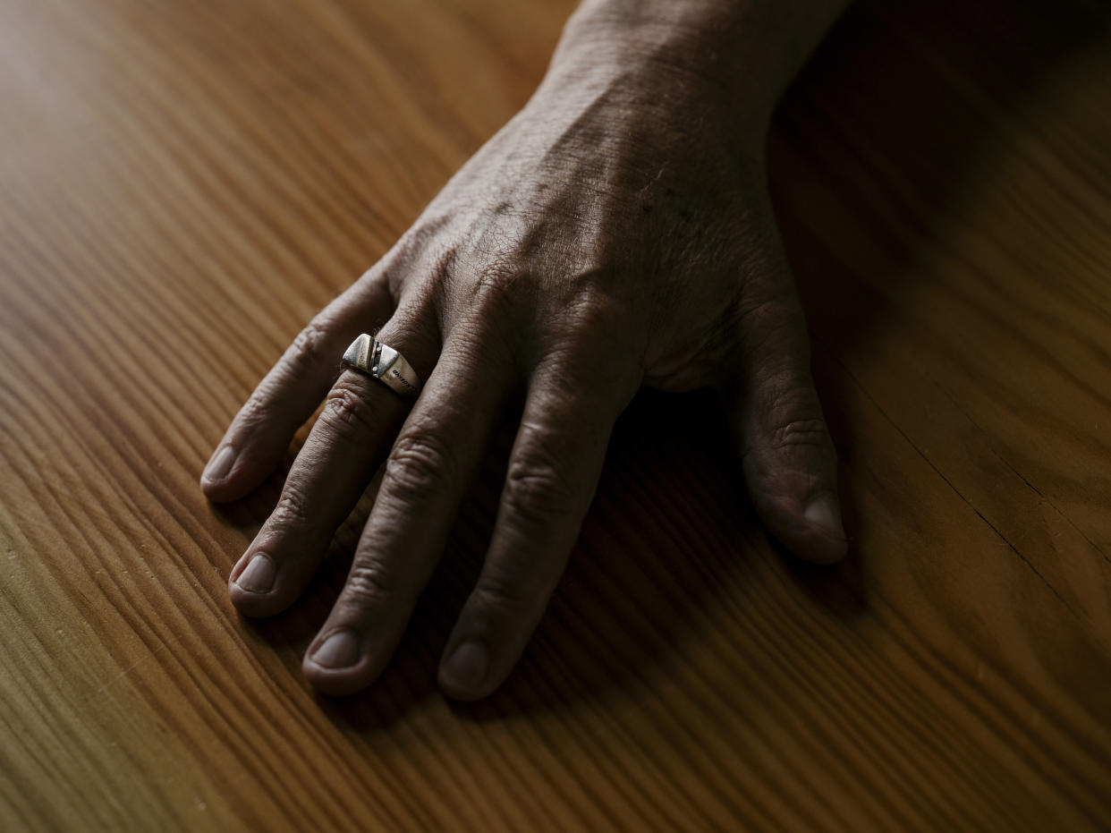 Merle Meyers, who worked at Boeing for nearly 30 years and wears a ring he was gifted to commemorate the time, in Everett, Wash., April 2, 2024. (Grant Hindsley/The New York Times)