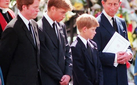 Princess Diana Funeral 6 September 1997 Coffin leaves Westminster Abbey in hearse with (r-l) Prince Charles Prince Harry Prince William Earl Spencer Lord Charles Althorp looking on Diana - Credit:  KENT GAVIN/ Daily Mirror