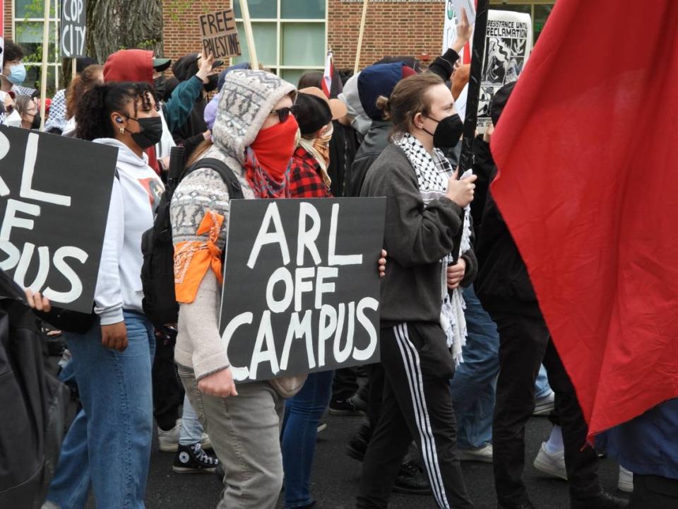 Pro-Palestine protesters march through downtown State College and the Penn State campus on Saturday afternoon for many of the same demands they made during a Thursday protest — including for Penn State to divest from Israel and to free Palestine. Halie Kines/hkines@centredaily.com