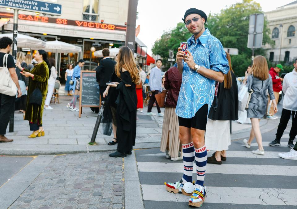 <h1 class="title">Charles Jefferey in Charles Jeffrey Loverboy socks and shoes and Gentle Monster sunglasses</h1><cite class="credit">Photographed by Phil Oh</cite>