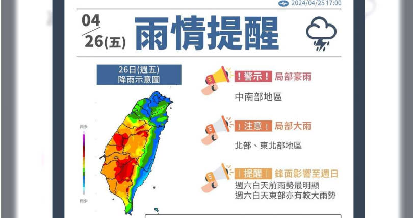 中央氣象署發布雨量預測圖，中南部「整片紅」。（圖／翻攝中央氣象署）