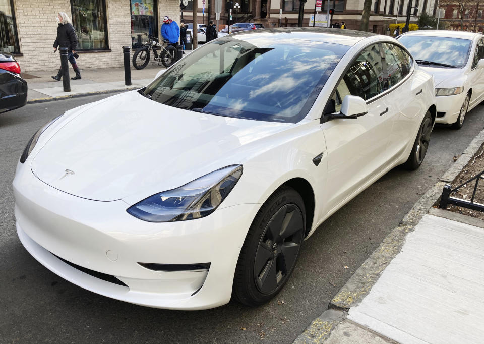 Photo by: STRF/STAR MAX/IPx 2021 4/2/21 Tesla's first quarter sales more than double last year's. STAR MAX Photo: A Tesla is seen in Hoboken, New Jersey.