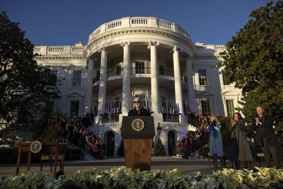 U.S. President Joe Biden speaks before signing the Respect for Marriage Act on the South Lawn of the White House December 13, 2022 in Washington, DC. The Respect for Marriage Act will codify same-sex and interracial marriages. (Photo by Drew Angerer/Getty Images)