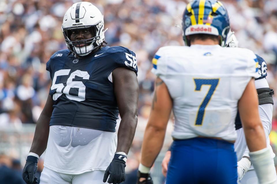 Penn State offensive lineman JB Nelson (56) prepares for the start of a play during the first half of a NCAA football game against Delaware Saturday, Sept. 9, 2023, in State College, Pa.