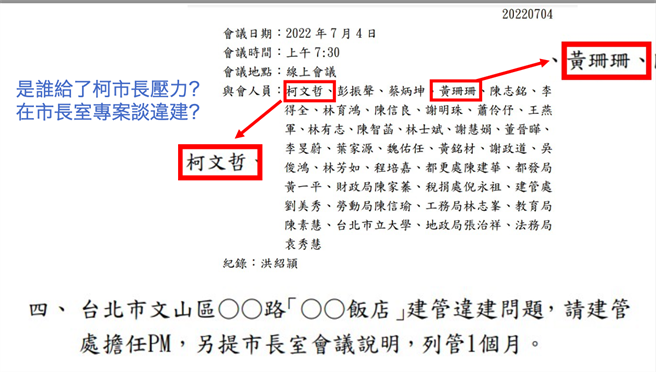 台北市長柯文哲曾在市長室會議討論「星靓點」餐廳違建案。（蔣萬安辦公室提供／楊亞璇台北傳真）