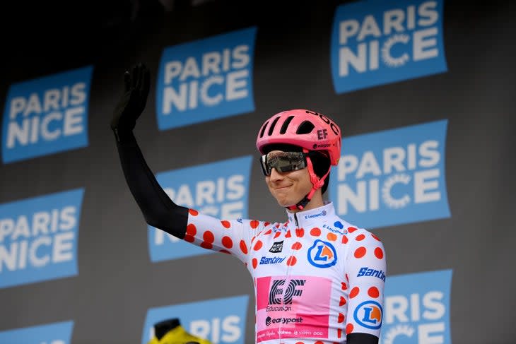 <span class="article__caption">Powless wore the polka-dot jersey early in Paris-Nice.</span> (Photo: Alex Broadway/Getty Images)