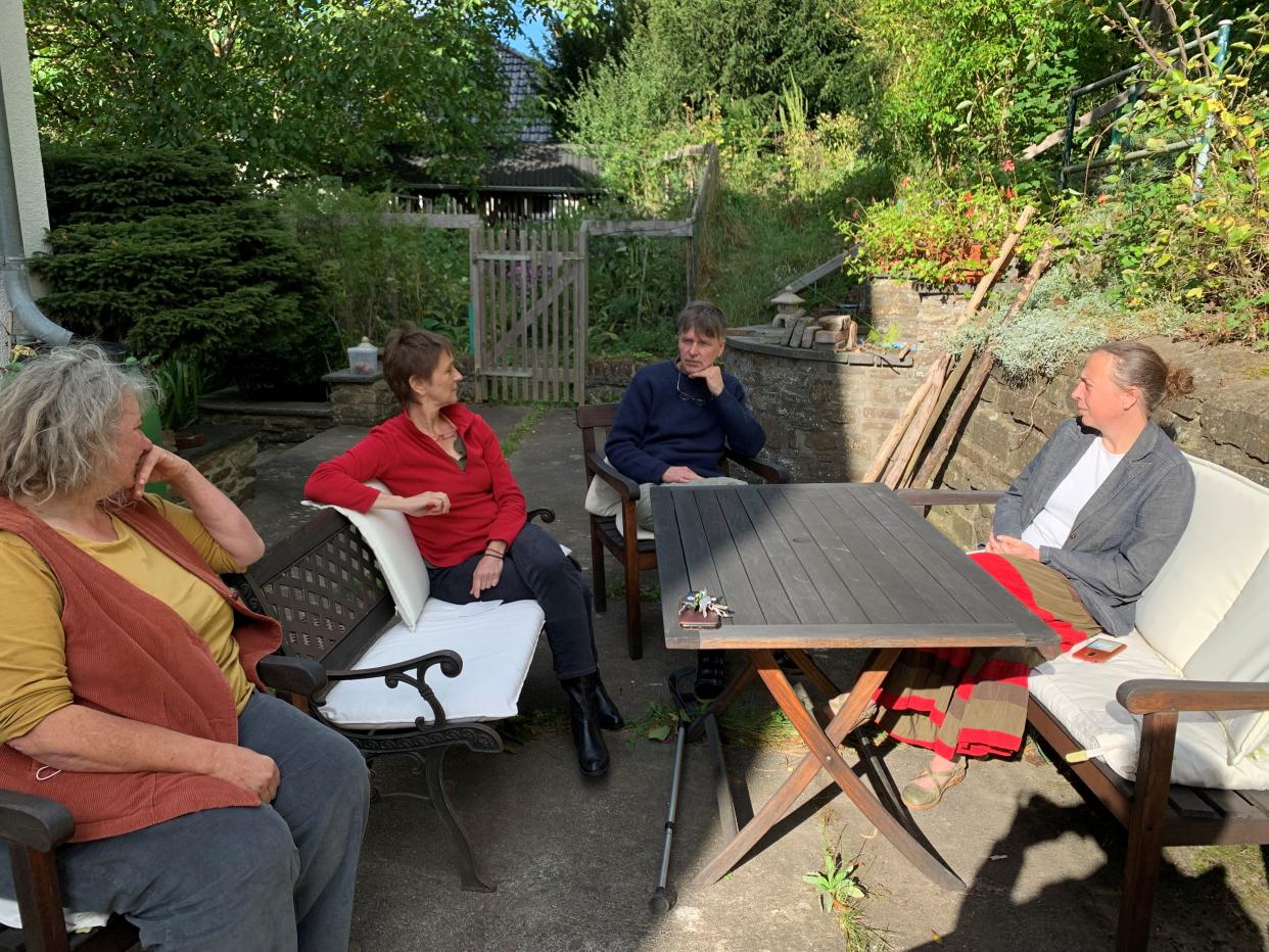 Florian Trummer, center, joins members of the Green Party for the Ahrweiler district in Germany.  (Andy Eckardt / NBC News)