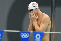 Chase Kalisz, of the United States, stands on the start blocks for the final of the men's 400-meter individual medley at the 2020 Summer Olympics, Sunday, July 25, 2021, in Tokyo, Japan. (AP Photo/Martin Meissner)