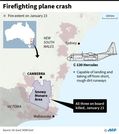 Map showing the area where a firefighting plane went missing in Australia on Thursday