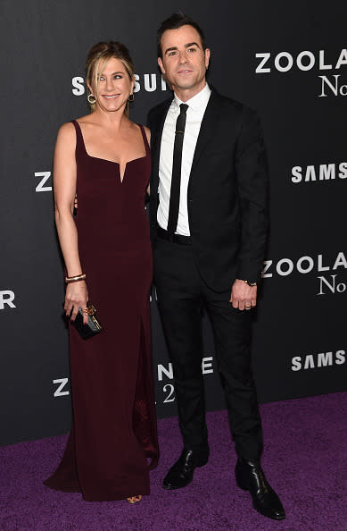 Jennifer Aniston in Galvan with her husband Justin Theroux at the “Zoolander 2″ world premiere at Alice Tully Hall on February 9, 2016 in New York City. 