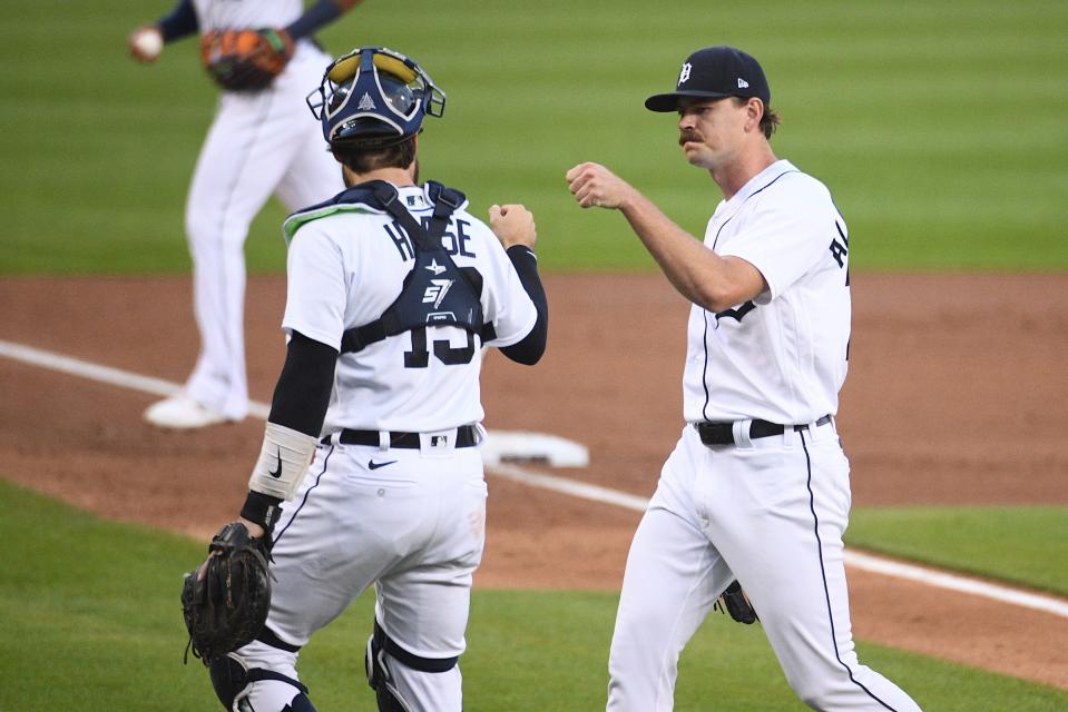 Tigers pitcher Tyler Alexander and catcher Eric Haase meet during the first inning against the Rays on Friday, Sept. 10, 2021, at Comerica Park.