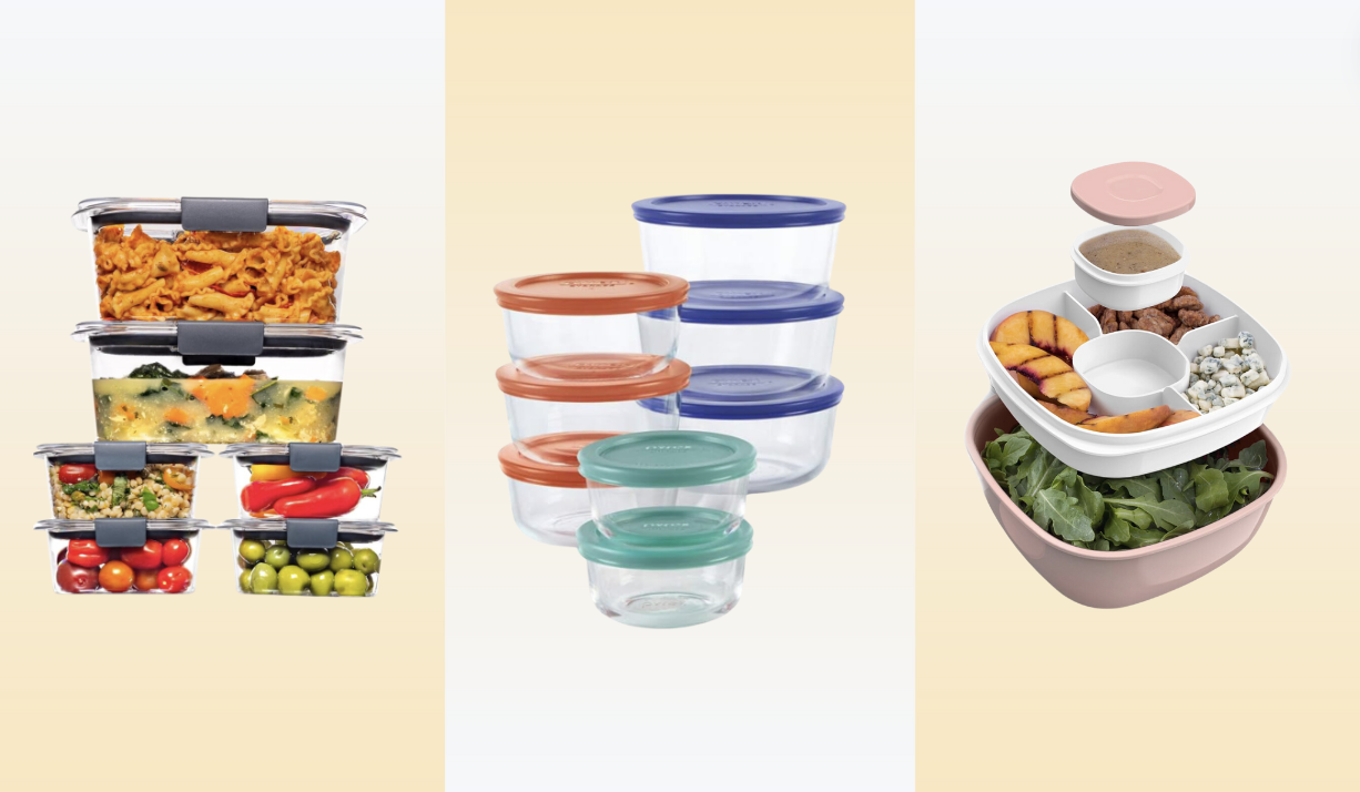 Rubbermaid, Pyrex and Bentgo food storage containers shown side by side for Yahoo's best food storage guide.