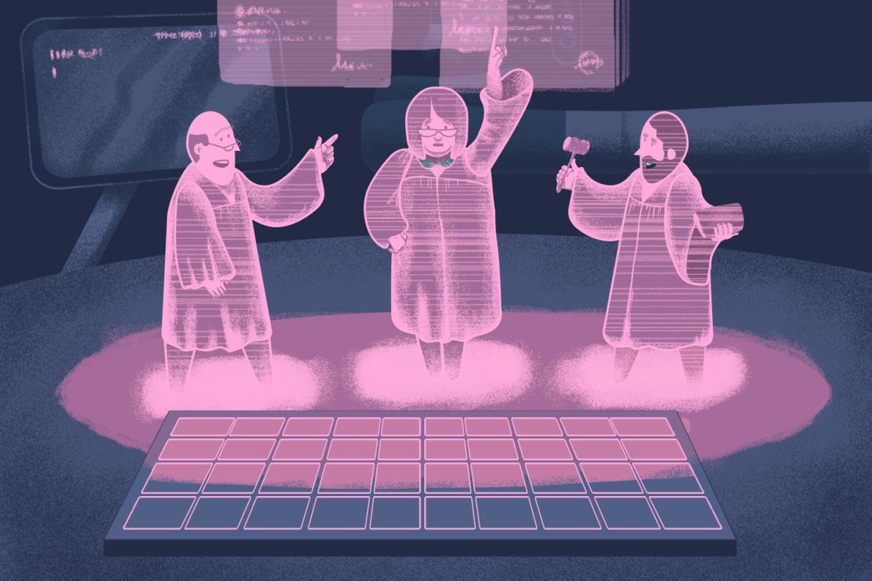 Illustration of three 6-inch high justices in hologram form on a desk.