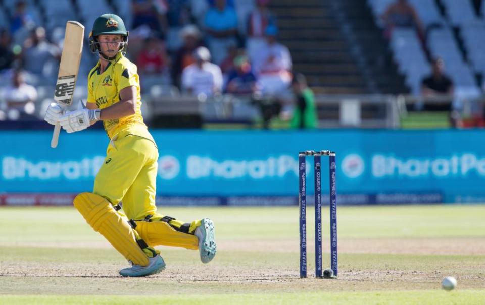 Meg Lanning hits a shot against India during the Women's T20 World Cup semi-final in Cape Town in 2023