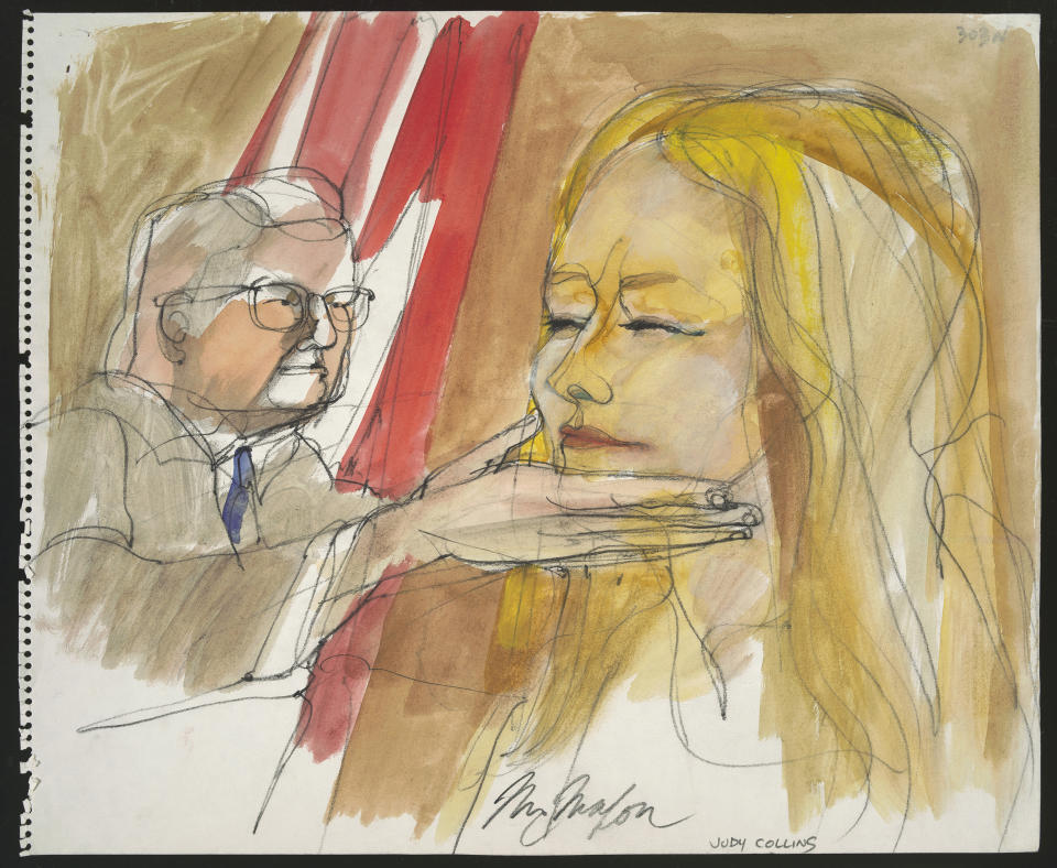 Judy Collins attempting to sing, then the court marshal shutting her mouth to stop her, in courtroom illustrations by Franklin McMahon. (Photos: Franklin McMahon/Chicago History Museum/Getty Images)