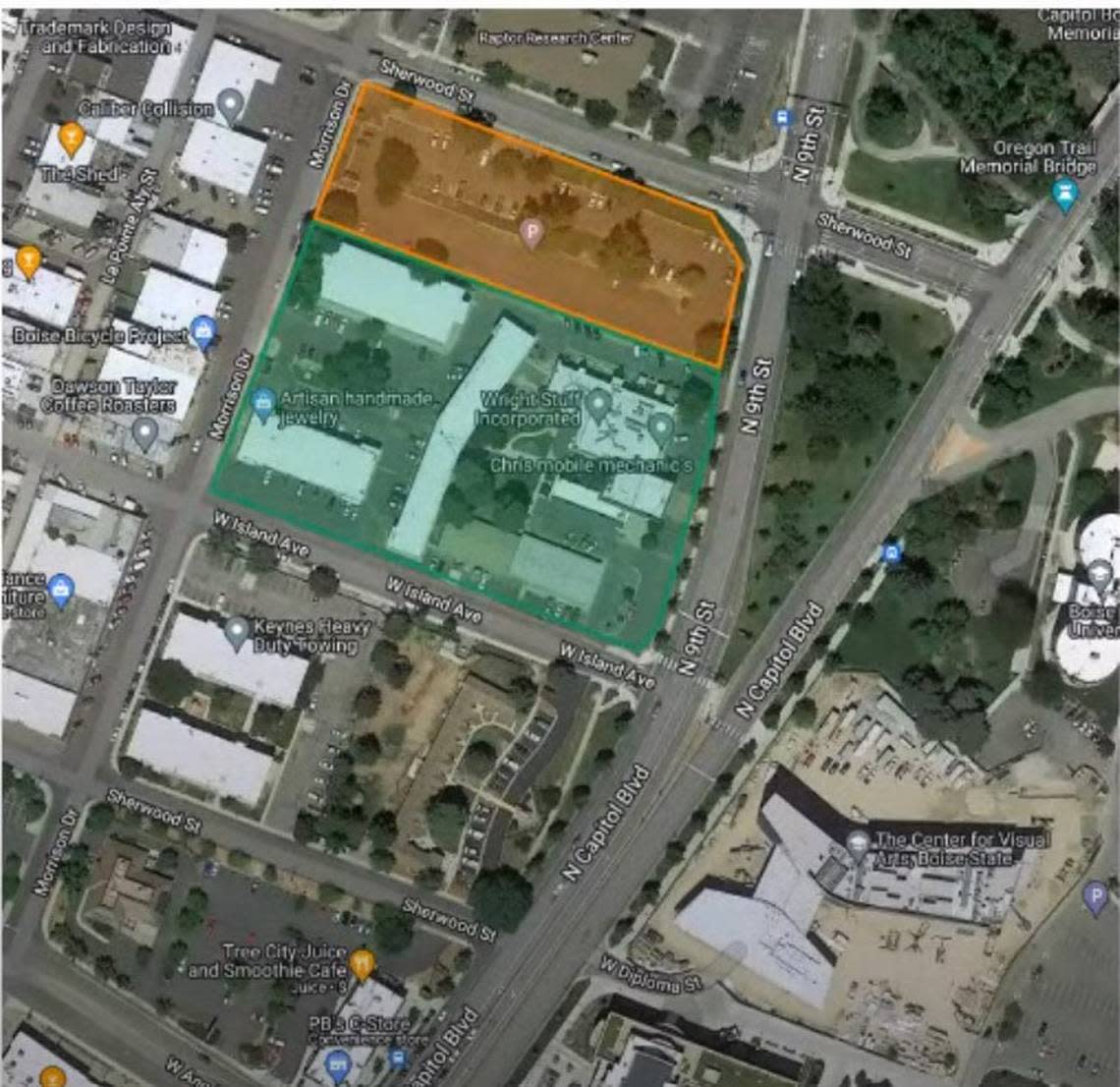 Boise officials and Boise State University plan to redevelop a block of the Lusk District, adjacent to campus. Boise State owns the parking lot to the north, in orange, while the city owns the property in green. The Capitol Campus project could bring new retail, apartments, office and parking areas. Boise State University