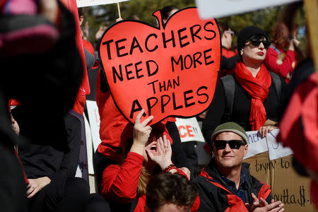 Munroe Elementary teacher Melissa Curry holds a sign during a rally across from the Colorado State Capitol as Denver public school teachers strike for a second day in Denver, Colorado, U.S., February 12, 2019. REUTERS/Michael Ciaglo