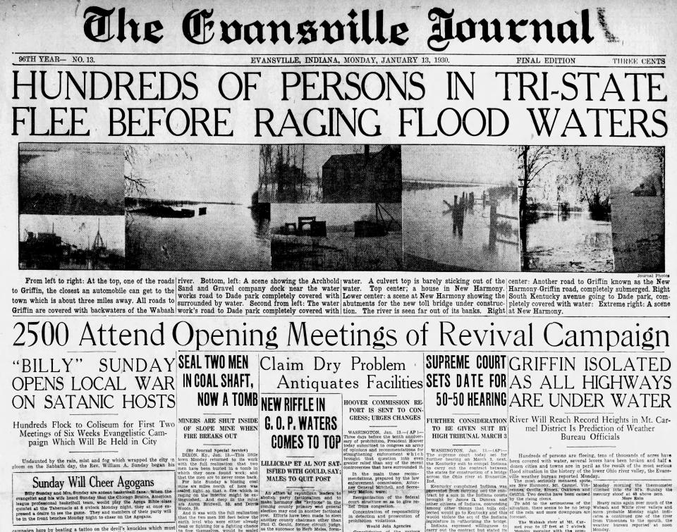 Clip from the Evansville Journal on Jan. 13, 1930 stating 2500 attended opening meeting of Rev. William “Billy” Sunday. 