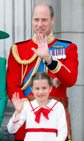 <p>Max Mumby/Indigo/Getty</p> Prince William and Princess Charlotte on the balcony of Buckingham Palace during the 2023 Trooping the Colour