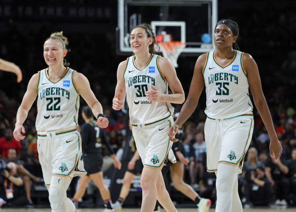 Liberty players Courtney Vandersloot, Breanna Stewart and Jonquel Jones came to New York in the offseason from teams that had decorated postseason runs. (Photo by Ethan Miller/Getty Images)