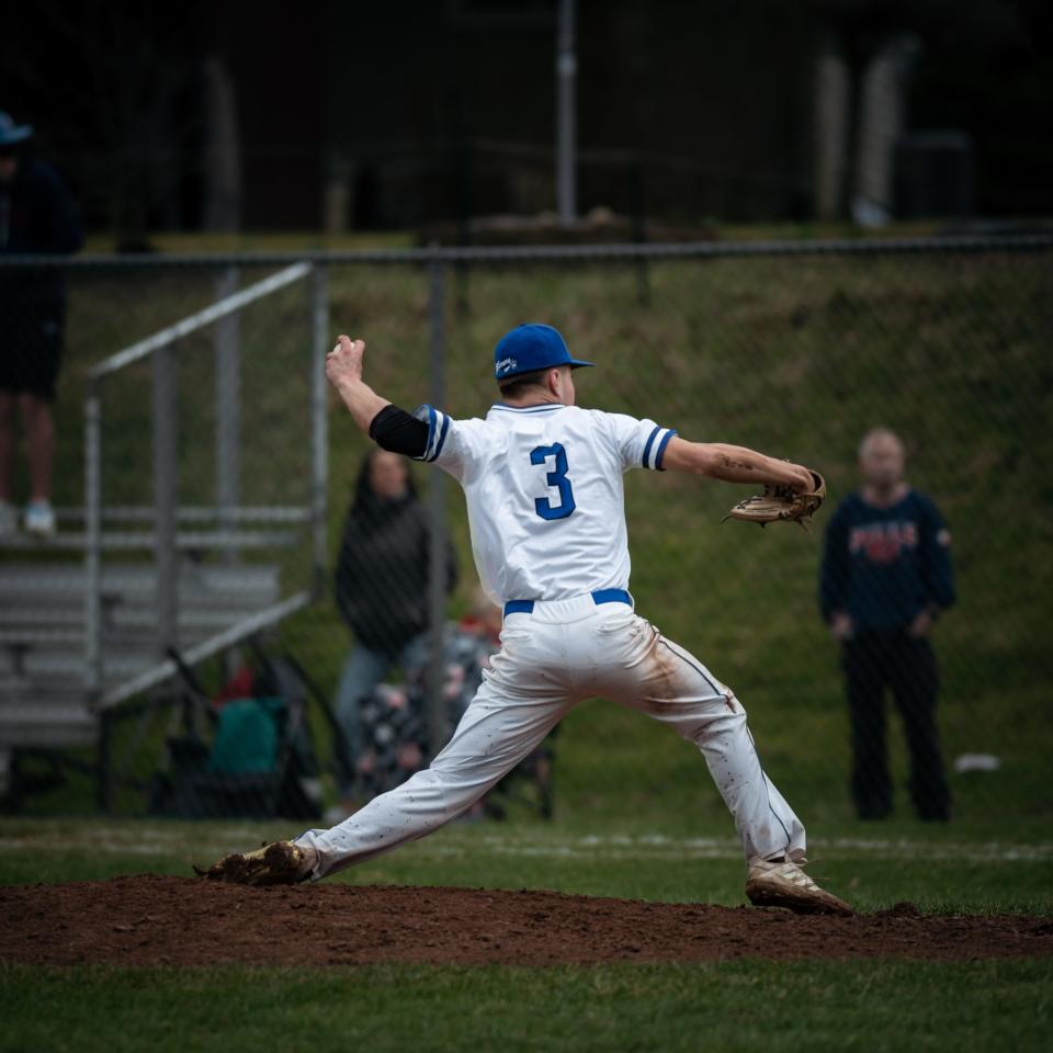 Whitesboro's Colin Skermont (3) deals a pitch during an April 13 game against Vernon-Verona-Sherrill. The senior left-hander has two no-hitters for the unbeaten Warriors.