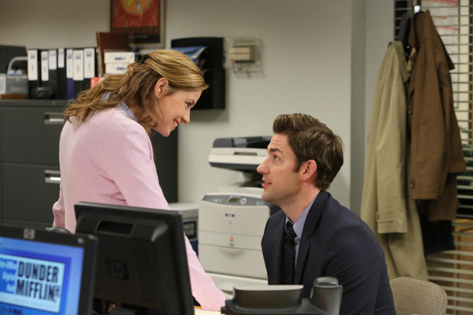 Jim and Pam speaking in the office