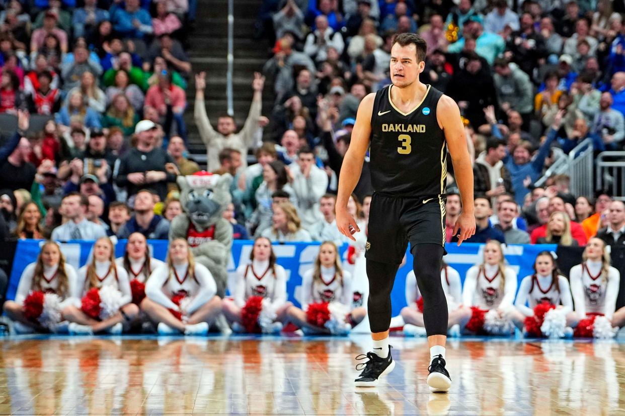Mar 23, 2024; Pittsburgh, PA, USA; Oakland Golden Grizzlies guard Jack Gohlke (3) reacts after a play during the second half of the game against the North Carolina State Wolfpack in the second round of the 2024 NCAA Tournament at PPG Paints Arena. Mandatory Credit: Gregory Fisher-USA TODAY Sports
