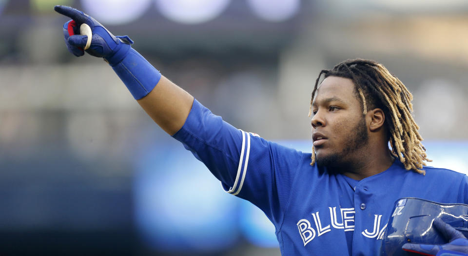 Vladimir Guerrero Jr. made the Rangers social team look silly after hitting 29 dingers in the first round of the 2019 Home Run Derby. (Photo by Jim McIsaac/Getty Images)