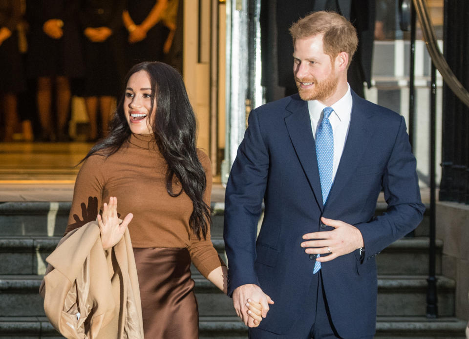 LONDON, ENGLAND - JANUARY 07: Prince Harry, Duke of Sussex and Meghan, Duchess of Sussex arrive at Canada House on January 07, 2020 in London, England. (Photo by Samir Hussein/WireImage)