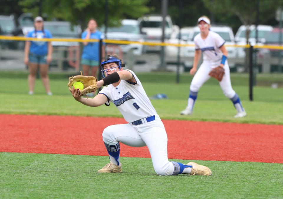 Deposit/Hancock's Riley Martin (6) pulls in a grounder in the NYSPHSAA Class D final against Oriskany at Moriches Athletic Complex in Moriches on Saturday, June 11, 2022.