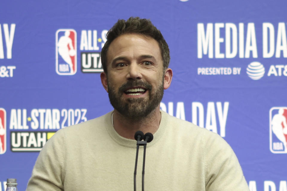 Actor, writer and director Ben Affleck addresses the media regarding his new Michael Jordon movie "Air" at an NBA basketball All-Star event Friday, Feb. 17, 2023, in Salt Lake City. (AP Photo/Rob Gray)