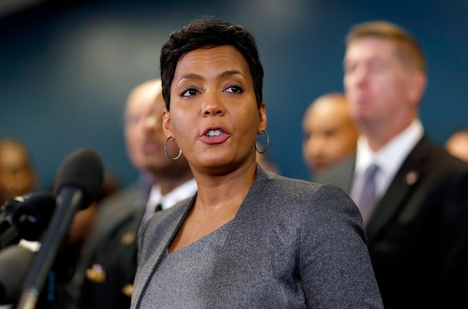 FILE-In this Thursday, Jan. 4, 2018, file photo, Atlanta Mayor Keisha Lance Bottoms speaks at a press conference in Atlanta. Bottoms says the city continues to operate despite ongoing troubles caused by a cyberattack on its computer network last week. (AP Photo/David Goldman, File)