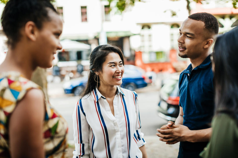 A group of friends having a conversation