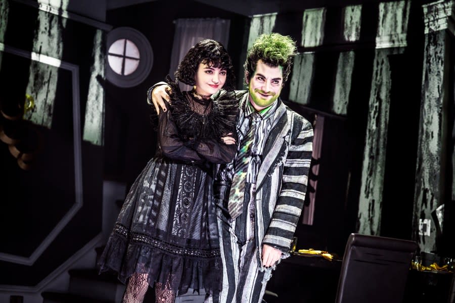 Pictured (L-R): Isabella Esler (Lydia) and Justin Collette (Beetlejuice)<br>Photo by Matthew Murphy, 2022