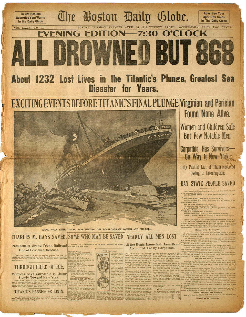 In this March. 6, 2012 photo provided by Bonhams Auction House, the front page of the April 16, 1912 evening edition of the Boston Globe, detailing the Titanic Disaster is shown. The page is among a collection of newspapers covering the event that will be among the artifacts put up on the block by Bonhams during their “R.M.S. Titanic: 100 Years of Fact and Fiction” auction in New York on Sunday, April 15, 2012. (AP Photo/Bonhams Auction House)