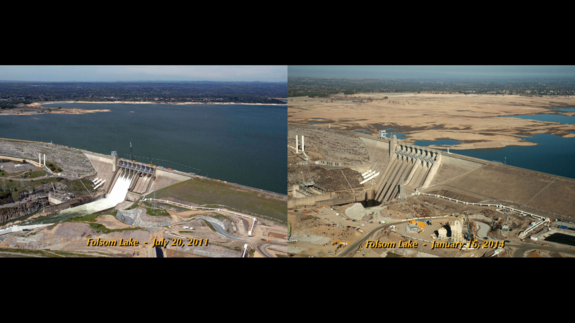 The severity of California's drought is visible at Folsom Lake, near Sacramento. On July 20, 2011, the lake was at 97 percent of capacity; on Jan. 16, 2014, it was at 17 percent.